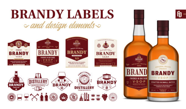 Vector brandy labels, badges, icons and design elements Vector red and beige premium quality brandy labels. Realistic brandy glass bottle mockups brandy stock illustrations