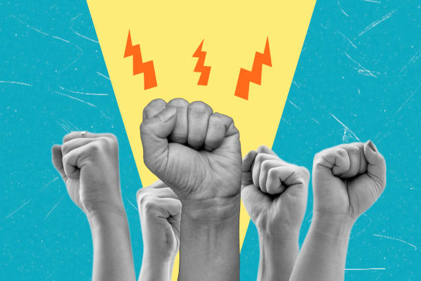 istock Modern art collage artwork featuring fists up on a blue background. 2201698088