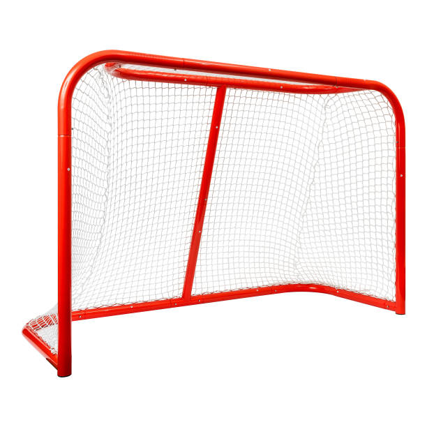 istock A red hockey goal featuring a white net set against a white background 2201698291