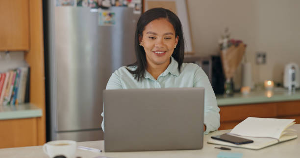 istock Remote work from home, laptop and woman with smile, internet and connection with online reading. Person, writer and copywriting with computer, research for project and creativity with ideas and book 2201699764