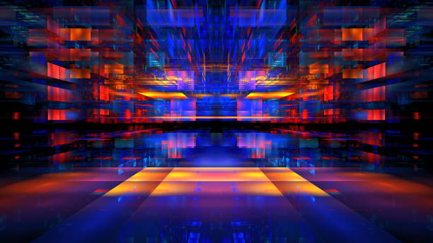 istock Vibrant display of blue, red, and yellow colors that create an abstract, futuristic environment. geometric shapes and patterns evoke a sense of movement and energy. 3d render 2201700653