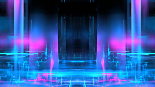 artwork displays a captivating blend of blue and pink hues creating a mesmerizing visual effect reminiscent of digital landscapes. design emphasizes depth and complexity. 3d render