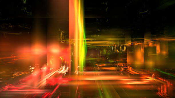 Bright colors and swirling light patterns fill the space, evoking a sense of motion and depth within a digital landscape during an engaging evening experience. 3d render