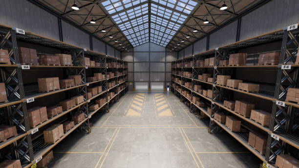 istock Spacious warehouse features tall metal shelves filled with neatly stacked boxes. Natural light streams through the skylights, enhancing the orderly layout and providing a bright atmosphere. 3d render 2201700727