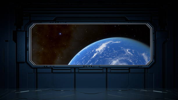 istock stunning window view reveals Earth illuminated against the backdrop of deep space and distant stars, reflecting the beauty and serenity of our planet at night in a futuristic setting. 3d render. A procedurally generated planet in Blender 3D 2201700754