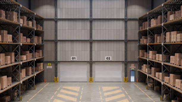 istock Inside a spacious warehouse, tall metal shelving units are filled with neatly stacked boxes. Two large roll-up doors are visible, leading to the outside, creating a functional storage area. 3d render 2201700759