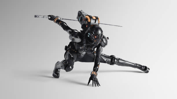 istock 3d render sci-fi female cyborg assassin holding a katana sword in ninja fighting strike stance. 2201708412