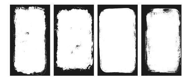 Photo grunge frames stories set template. Ink paint rolled with edges border for social media poster. Retro textured overlays. Rectangular old black cadre on white background. Vector illustration.