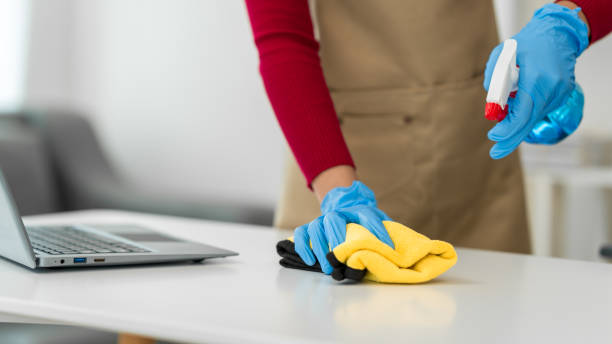 istock A young woman cleans her desk at home, using a disinfectant spray and a wipe. She ensures a hygienic and organized workspace, emphasizing cleanliness and personal health in her routine 2201713913