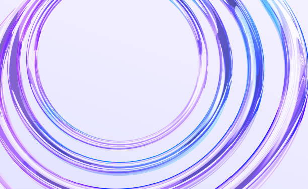 istock Hologram glass circles on light blue 3d background. Render crystal holographic swirl, futuristic technology portal, circular frame, purple gradient rings with neon magic energy effect 2201714622