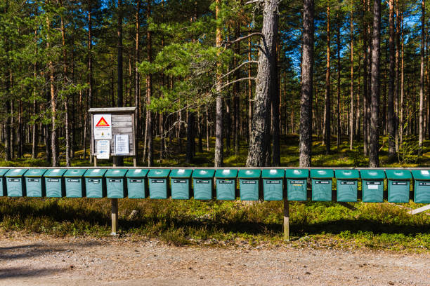 A row of green mailboxes is situated in a peaceful forest setting, surrounded by tall trees. Warning signs are posted above the mailboxes, informing visitors of safety guidelines.