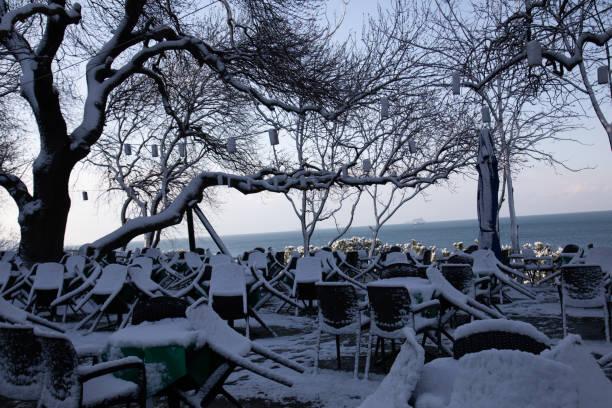 Snow-covered outdoor tea garden with scattered chairs and tables under leafless, snow-laden trees. Hanging lanterns dangle from branches.