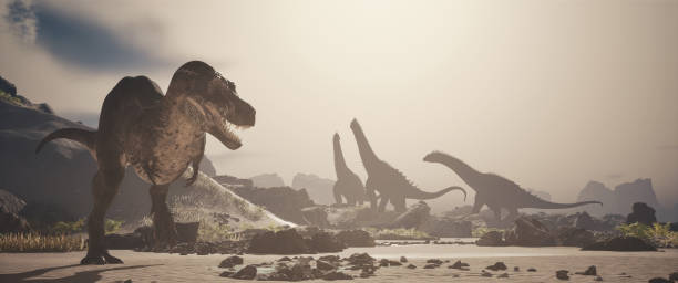 istock Dinosaur encounter in a prehistoric landscape with a T-Rex and towering sauropods under a hazy sky 2201723004