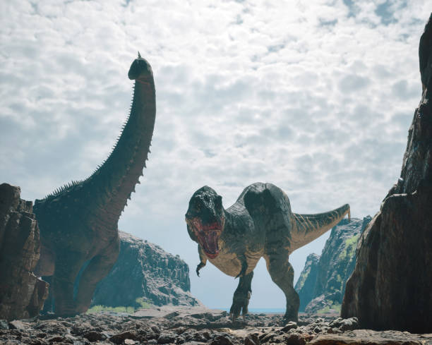 istock Dinosaurs roam a rocky landscape under a cloudy sky in a prehistoric setting filled with dramatic cliffs 2201723022