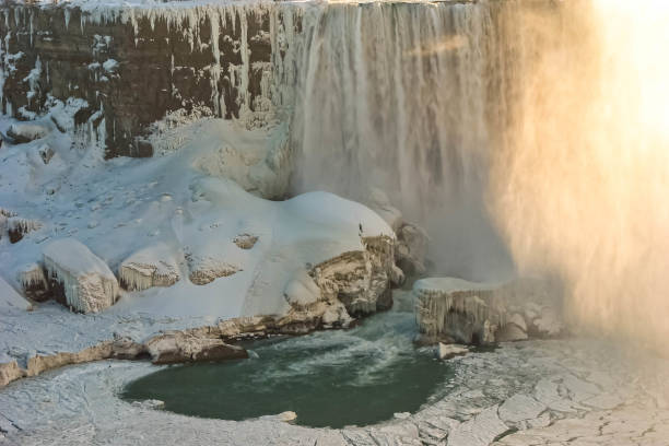 Niagara Falls in Winter: these are the Horseshoe Falls on the Canadian side. The sunlight creates a spectacular double rainbow inside the mist at the centre of the falls.