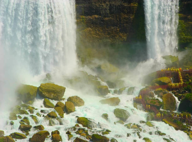 Tourists Wearing Yellow Rain Coats on Boardwalk Below American Falls, Niagara Falls, New York, USA