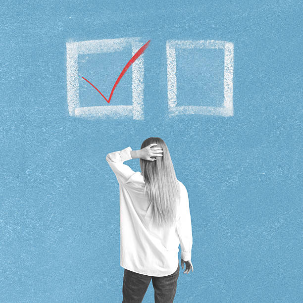Business, lifestyles, politics concept. Confused woman thinking where to place red voting check mark. White chalk sketch drawing. Blue background with copy space, retro vintage style
