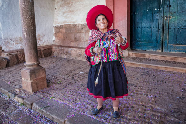 istock Peruvian woman spinning wool by hand in Chinchero, Sacred Valley, Peru 2201724830
