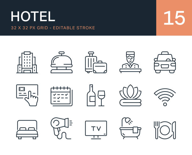 stockillustraties, clipart, cartoons en iconen met hotel icon set isolated on white background. editable stroke vector style icon symbols. - hotel