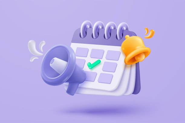 istock 3d calendar icon signs with notice for important reminder. Calendar with megaphone or emergency notifications speaker loud concept. 3d schedule alarm warning icon vector render illustration 2201733888