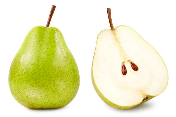 istock Fresh pears whole and cut in half isolated 2201741412