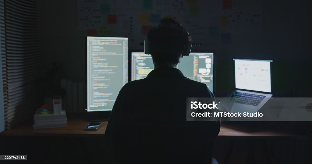 Young Man Software Engineer Working Late Exploring Virtual Reality With ...