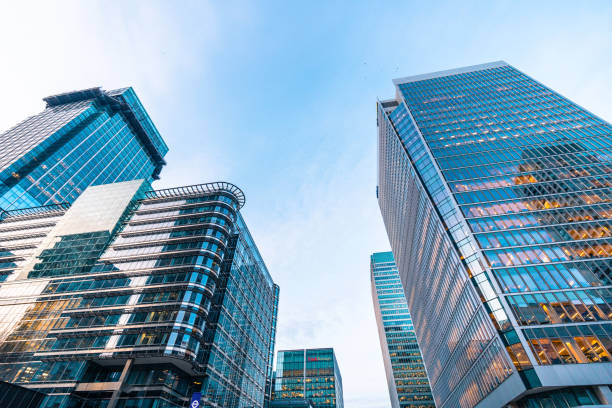 istock Modern skyscrapers reaching for the sky in canary wharf, london 2201742804