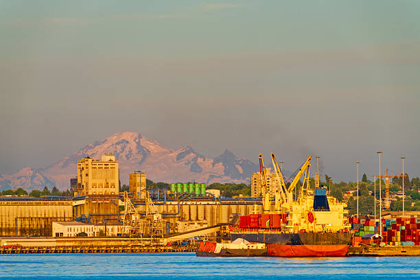 Container ship docked in the Vancouver Burrard Inlet harbor, British Columbia