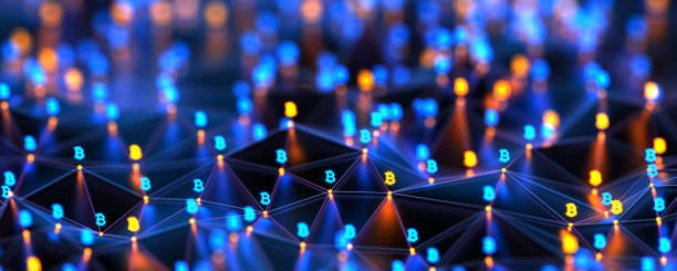 istock Futuristic digital nodes background with Bitcoin signs. Blockchain connections technology and digital network. Connection dots. Security money concept. 2201749011