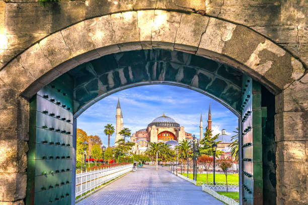The Hagia Sophia Grand Mosque in Istanbul view through stone gate, landmarks of Turkey