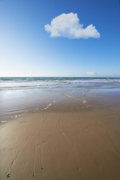 A tranquil coastal view featuring soft waves lapping against vast sandy shores. The clear blue sky showcases a singular white cloud, enhancing the peaceful atmosphere ideal for inspiration, travel, and natural beauty appreciation.
