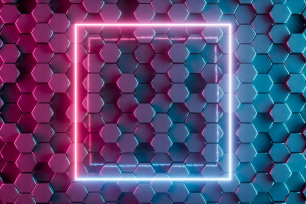 istock Ultraviolet Neon Light Frame in Front of Black Hexagon Pattern, Futuristic Design 2201758859