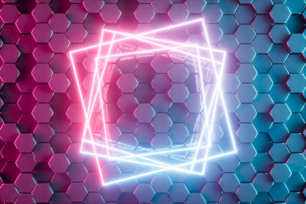 istock Ultraviolet Neon Light Frame in Front of Black Hexagon Pattern, Futuristic Design 2201758909