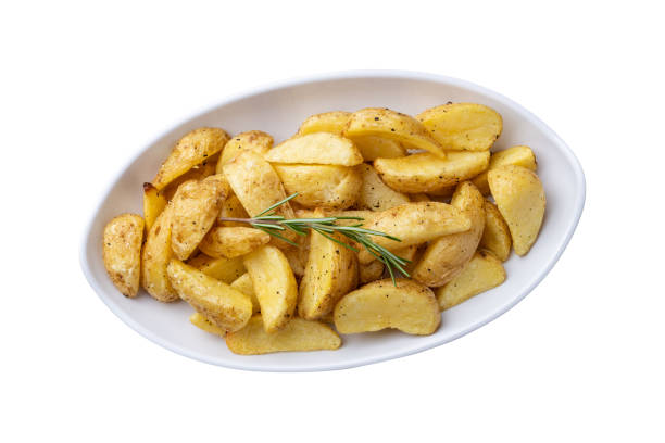 istock Rustic baked potatoes in a plate isolated over white background 2201764781