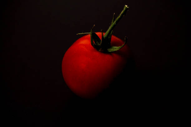 istock Bright red tomato shines against a dark background in close-up 2201765712