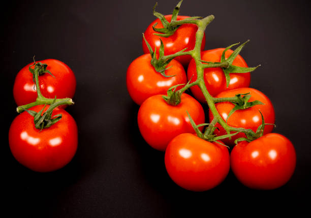istock Fresh red tomatoes arranged on a dark background with a branch 2201768137