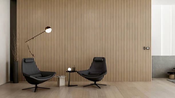 istock Modern Minimalist Lounge with Black Chairs and Empty Wooden Wall for Copy Space, 3D Rendering 2201771846