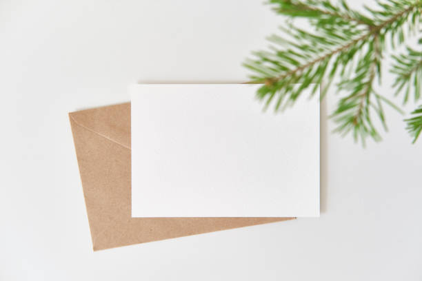 istock Blank greeting card with kraft envelope and fir tree branch on white background 2201774758