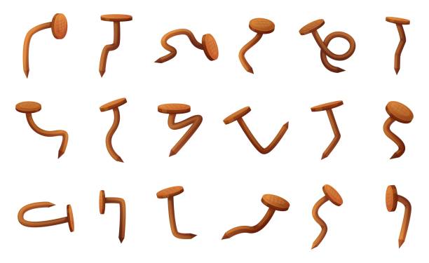 istock Isolated rusty nails. Curved iron nail old style damaged by rust. Equipment of carpentry, renovation furniture and home, cartoon nowaday vector set 2201775818