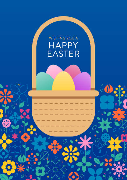 Vertical abstract retro style flower pattern, Egg basket with easter eggs in the middle on blue background.  Collecting Easter eggs in the flower meadow. Mid-Century style pattern. Happy Easter text.