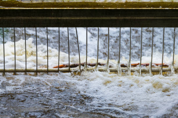 rushing water flowing through metal grate barrier