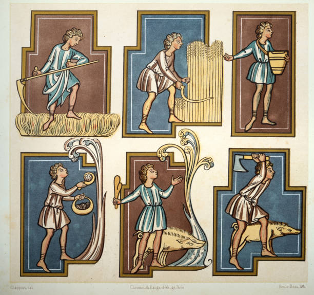 Figures representing the months of the years, Medieval history, 13th Century, Vintage illustration
