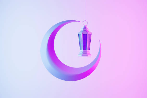 Ramadan Lantern and Crescent, Islamic Background, Happy Eid Mubarak. Digitally generated image. 3d render.