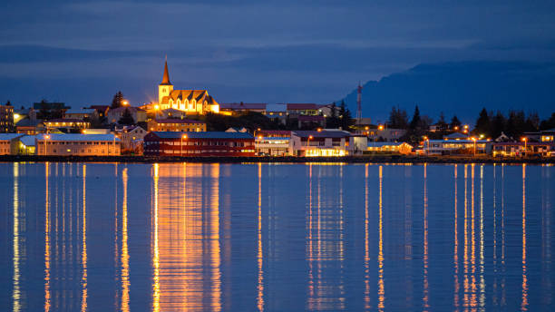 istock Iceland Town and Church Reflection at Dusk 2201786392