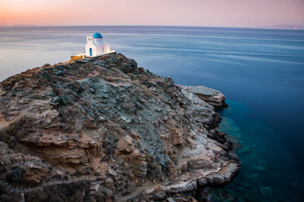 Sunset view from a hill above Chora on North East coast of Folegandros island, Greece.