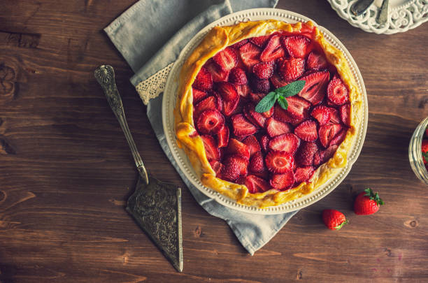 Freshly baked strawberry galette or open strawberry pie