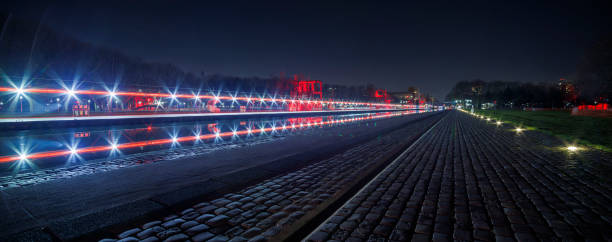 Panoramic night view of the Parc de la Villette, Paris