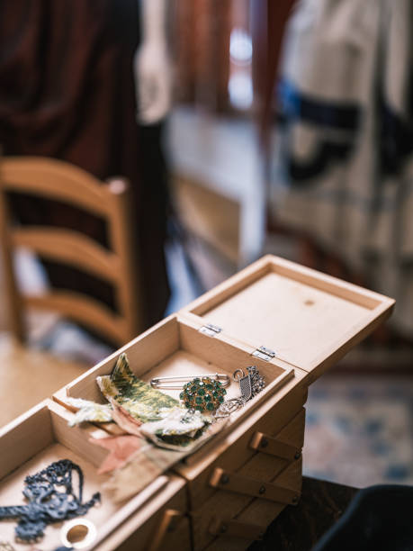 Interior details of vintage costume design studio with various objects from the past.