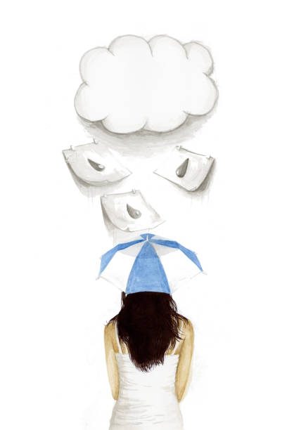 istock A woman holding a blue and white umbrella hiding from the rain. Artwork exploring concept of safety, emotional stability, inner strength 2201793532