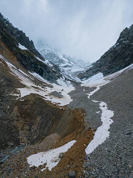 istock moraine and Chalaadi Glacier in Caucasus mountains, direct movement, aerial view 2201796020